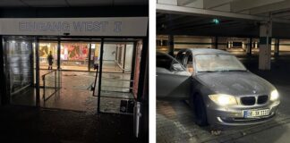 Links der beschädigte Eingang des Rhein-Ruhr-Zentrums, rechts der Wagen, den die Täter nutzten. Fotos: Polizei