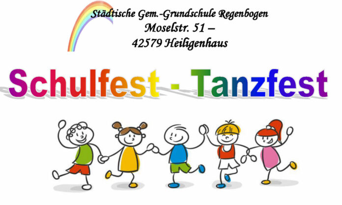 Schulfest Tanzfest Plakat mit fröhlichen Kindern.