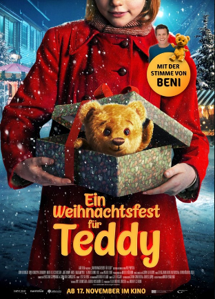 Filmplakat "Ein Weihnachtsfest für Teddy" mit sprechendem Teddybären.