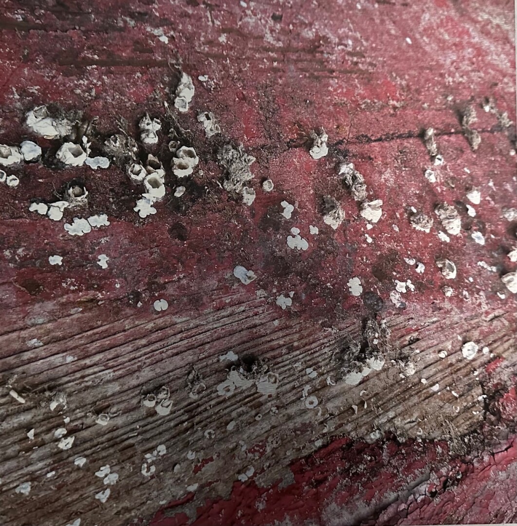 Altes, verwittertes rotes Holz mit Abblätterungen.