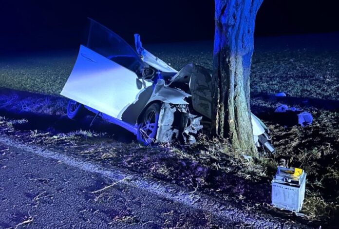 Der Wagen prallte gegen einen Baum am Fahrbahnrand. Foto: Feuerwehr Detmold/Rieks