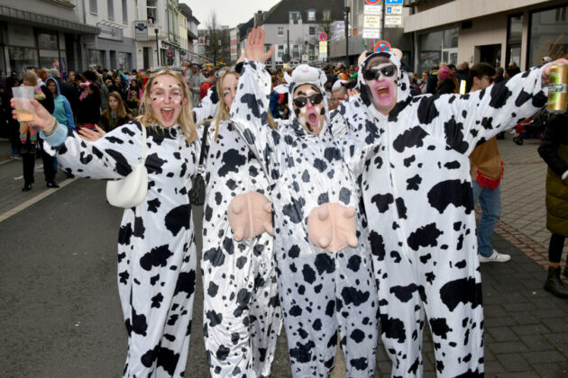 Gruppe in Kuhkostümen beim Karneval.