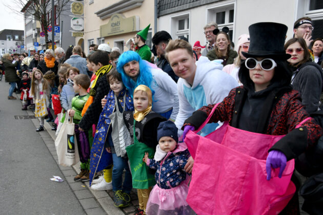 Karnevalsumzug mit kostümierten Teilnehmern und Zuschauern.