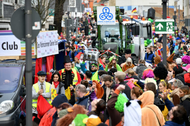 Karnevalsumzug mit kostümierten Menschen auf der Straße