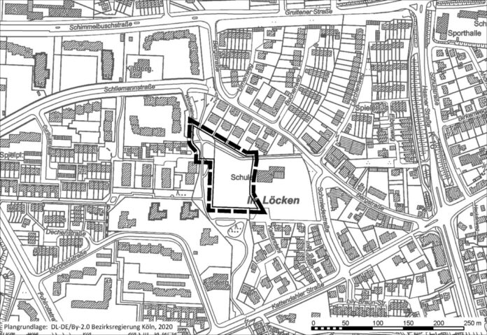 Abgrenzung des Bebauungsplans H 60 – Genossenschaftliches Wohnen Schmiedestraße auf der Plangrundlage der Bezirksregierung Köln. Foto: Stadt Erkrath