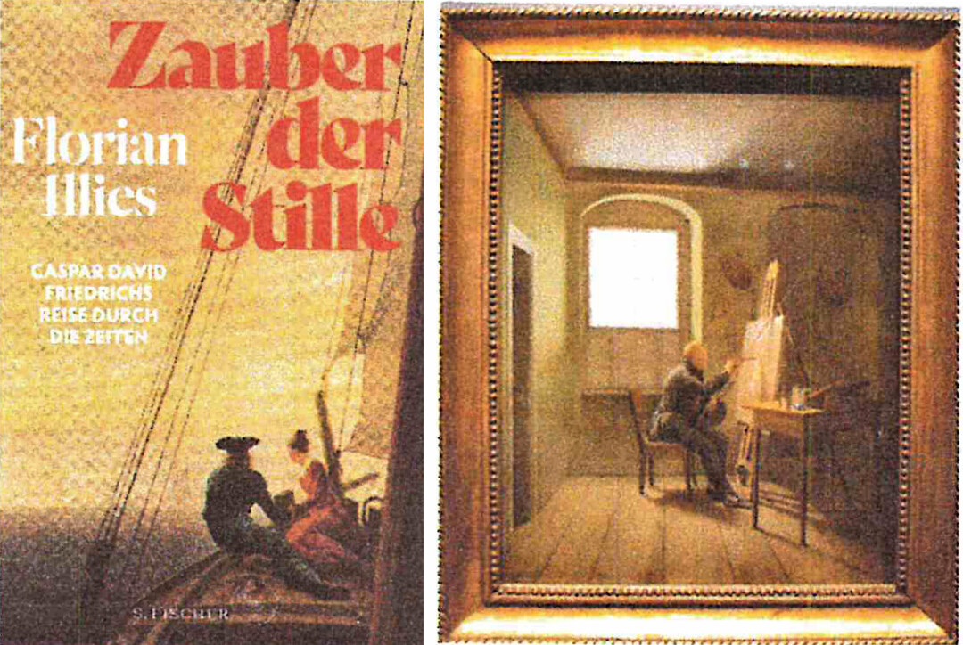 Buchcover und Gemälde mit lesender Person.