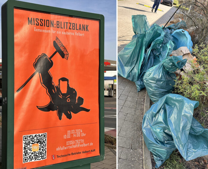 Plakat für Sauberkeitsaktion und gesammelter Müll in Velbert.
