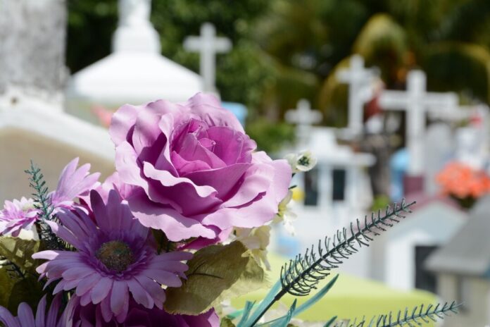 Künstliche Blumen auf Friedhof im Fokus