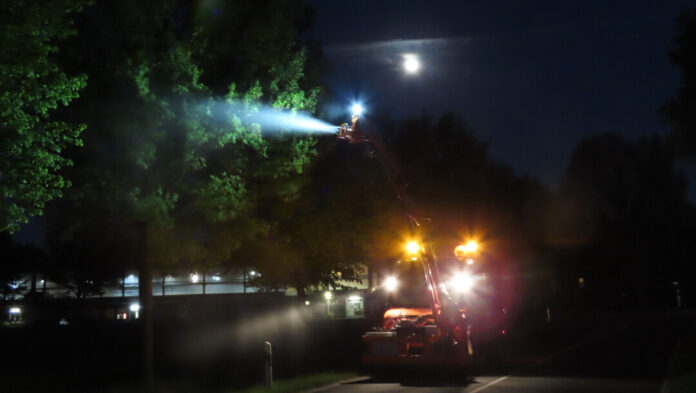 Weil die Nematoden lichtempfindlich sind, müssen sie in den Abendstunden in die Baumkronen gesprüht werden. Foto: Straßen NRW