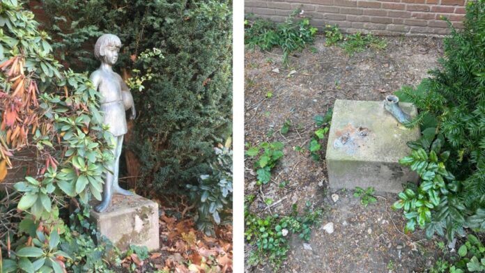 Von der Bronzeskulptur haben die bislang unbekannten Täter nur noch einen Fuß übrig gelassen. Foto: Polizei