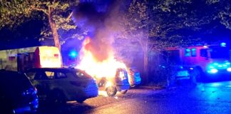 In der Nacht auf Dienstag ist es in Hilden zu einem Brand eines Fiat Panda gekommen. Der Kleinwagen wurde vollständig zerstört. Foto: Polizei