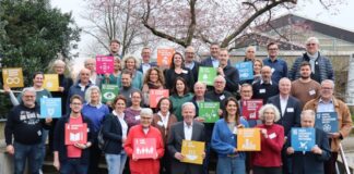 Die Steuerungsgruppe für die Ratinger Nachhaltigkeitsstrategie hält die 17 " Sustainable Development Goals" hoch. Foto: Stadt Ratingen