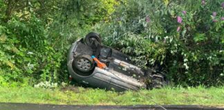 An der Schmalenhofer Straße ist ein Auto im Graben gelandet. Foto: Feuerwehr Velbert