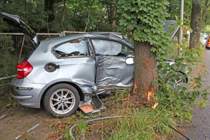 Um den Baum gewickelt - der BMW erlitt bei dem Unfall Totalschaden. Foto: Polizei