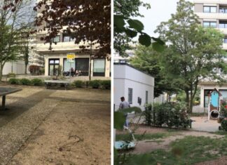 Was für ein Unterschied: Der Spielplatz am Konrad-Adenauer-Platz vor seiner Sanierung 2023 und nachher. Es wurden insgesamt 273 Quadratmeter entsiegelt. Fotos: Stadt Ratingen
