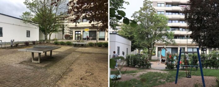 Was für ein Unterschied: Der Spielplatz am Konrad-Adenauer-Platz vor seiner Sanierung 2023 und nachher. Es wurden insgesamt 273 Quadratmeter entsiegelt. Fotos: Stadt Ratingen