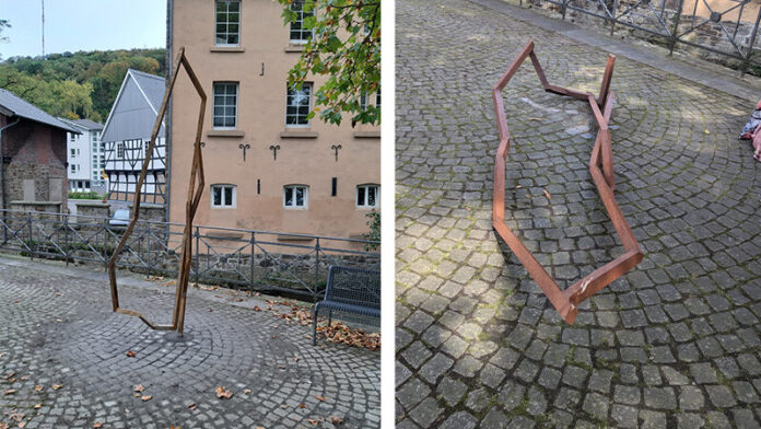 Die Skulptur „Dowan“ des Stahlbildhauer Robert Schad wurde zerstört. Der Kunstverein hofft, dass ein solcher Vorfall sich nicht wiederholt. Fotos: privat