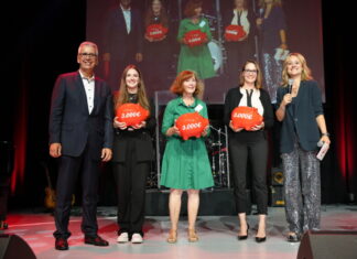 Udo Zimmermann Vorstandsvorsitzender Sparkasse HRV), Daniela Lang (Jugendhilfe Lohmühle), Rita Marketa Trudslev (Dt. Kinderschutzbund e. V., Ortsverein Ratingen, Nadine Lichtenwimmer (Dt. Kinderschutzbund e. V., Ortsverein Hilden), Lisa Feller (Comedy, Moderation). Foto: Sparkasse HRV