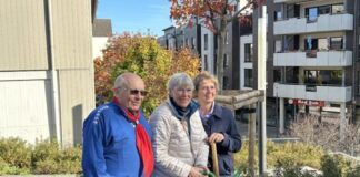 Bürgermeisterin Sandra Pietschmann mit Anita Schäfer, der 2. Vorsitzenden der "Aulen Mettmanner" und Friedel Liesenkloß, dem Baas der Bürger- und Heimatvereinigung, vor dem Amberbaum. Foto: Kreisstadt Mettmann