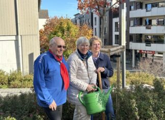 Bürgermeisterin Sandra Pietschmann mit Anita Schäfer, der 2. Vorsitzenden der "Aulen Mettmanner" und Friedel Liesenkloß, dem Baas der Bürger- und Heimatvereinigung, vor dem Amberbaum. Foto: Kreisstadt Mettmann