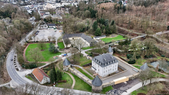 Luftbild einer deutschen Kleinstadt mit historischem Schloss.