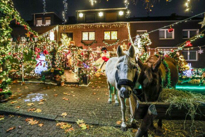 Die Nachbarn staunen: Zur Eröffnung des Oberhausener Weihnachtshauses stehen zwei Pferde vor der Tür von Dirk van Acken