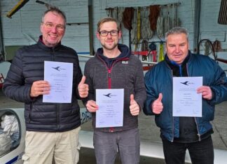Kevin Holota (Mitte), Markus Böhm (rechts im Bild) und Hartmut Schürmann (links) in der Halle 2 Des Flugplatz Meiersberg vor dem Vereinseignen Flugzeug vom Typ ASW19. Foto: privat