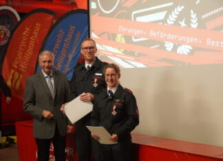 Jan Heinisch wurde mit dem Feuerwehr-Ehrenabzeichen in Gold für 35 Jahre aktiven Dienst ausgezeichnet und Daniela Vollmer wurde mit dem Feuerwehr-Ehrenabzeichen in Silber für 25 Jahre aktiven Dienst ausgezeichnet. Foto: Feuerwehr Heiligenhaus