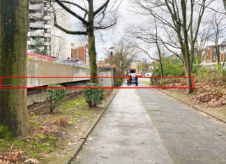 Kaum zu sehen und vor allem für Radfahrer brandgefährlich: Der Drath über dem Gehweg (rot eingerahmt). Foto: Polizei/Archiv