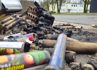 Abgebranntes Feuerwerk liegt am Straßenrand. Foto: Volkmann