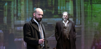Der Richter und sein Henker - mit: Franz-Joseph Dieken, Jacques Ullrich, Achmed Ole Bielfeldt, Herbert Schöberl, Helena Krey und Julia Weden. Foto: G2 Baraniak