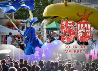 Velbert feiert 2025 seinen 50. Geburtstag. Ein eigens gestaltetes Logo symbolisiert die Einheit der Stadt und stimmt auf das Jubiläumsjahr ein, das Mitte Juni in einem Festwochenende seinen Höhepunkt findet. Neben diesem speziellen Fest stehen auch die etablierten Veranstaltungen ganz im Zeichen des Jubiläums. Fotos und Kollage: Mathias Kehren/Logo: Stadt Velbert