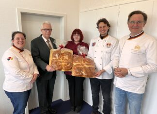 Kathrin Duwedag (Referentin Bäcker-Innung Rhein-Ruhr), Landrat Thomas Hendele, Yvonne Wieschermann (Bäckerei „Brotkröbchen“ in Velbert), Jan Patrick Behmer (Stellvertretender Obermeister der Bäcker-Innung Rhein-Ruhr) und Henning Funke (Geschäftsführer der Bäcker-Innung Rhein-Ruhr).