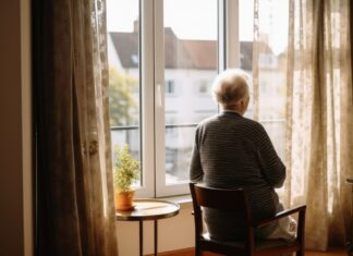 Eine Frau schaut aus einem Fenster. Foto: VZ NRW/adpic
