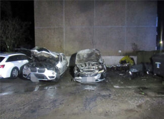 In der Nacht auf Sonntag wurden zwei Autos sowie drei Müllcontainer durch einen Brand stark beschädigt. Foto: Polizei