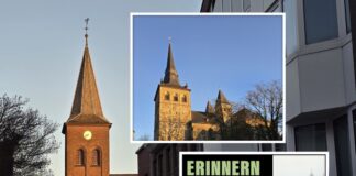 In der Stadtkirche an der Lintorfer Straßen möchte man an den schweren Luftangriff auf die Stadt erinnern. Fotomontag: Alexander Heinz/Plakat: Kirche