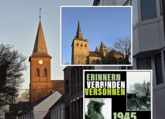 In der Stadtkirche an der Lintorfer Straßen möchte man an den schweren Luftangriff auf die Stadt erinnern. Fotomontag: Alexander Heinz/Plakat: Kirche