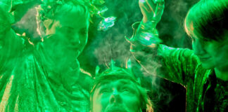 Puck und Pucki verzaubern Oberon (Kay Winter, Oliver Schürmann und Ben Runge. Foto: TheaterLaien e. V. (2025)