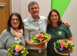 Die stv. Bürgermeisterin Barbara Esser (li.) kandidiert bei der Kommunalwahl im September auf Platz 3 für die Ratinger Grünen – neben Bürgermeisterkandidat Jörn-Eric Morgenroth und Spitzenkandidatin Ute Meier. Foto: Grüne
