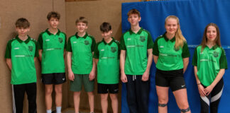 Sind erfolgreich im Tischtennis: Silas Buschkühler, Mika Slawinski, Paul Hucken, Naim Balig, Tim Dietrich, Julia Drewes und Greta Freudewald (es fehlt Fabian Keune). Foto: TTC Heiligenhaus