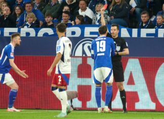 Rote Karte schon in der 3. Minute: Harm Osmers verweist Kenan Karaman nach Videobeweis des Feldes.