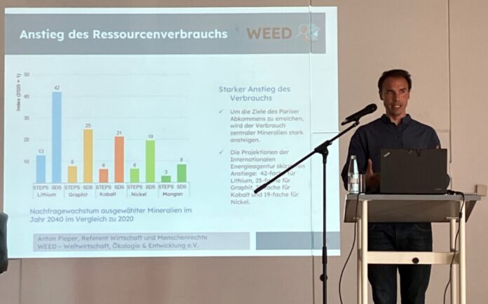 Anton Pieper von Weltwirtschaft, Ökologie & Entwicklung – WEED e.V. erläutert den Anstieg der Rohstoffbedarfe. Foto: Stadt Ratingen Anton Pieper von Weltwirtschaft, Ökologie & Entwicklung – WEED e.V. erläutert den Anstieg der Rohstoffbedarfe. Foto: Stadt Ratingen