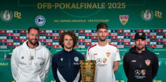 Mitch Kniat (l) und Mael Corboz (2.v.l) freuen sich auf das DFB-Pokalfinale.