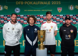 Mitch Kniat (l) und Mael Corboz (2.v.l) freuen sich auf das DFB-Pokalfinale.