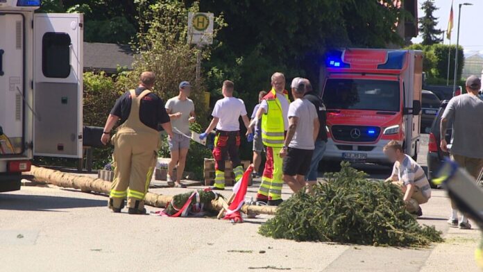 Maibaum kippt um - mehrere Verletzte Der umgestürzte Maibaum liegt auf der Straße vor einem Einsatzwagen der Feuerwehr.