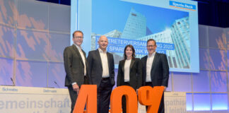Vertreterversammlung der Sparda-Bank West am 18.06.2025 in Düsseldorf: Gutes Jahresergebnis ermöglicht 4 Prozent Dividende. V.l.n.r: Vorstand Dominik Schlarmann, Vorstandsvorsitzender Andreas Lösing, Aufsichtsratsvorsitzende Anke Beckemeyer und Vorstand Sebastian Schöpper. Foto: Susanne Kurz