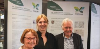 Martina Lüdeke, Andrea Niewerth und Edzard Traumann bei der Eröffnung der Ausstellung des Kulturkreises Hösel im Oberschlesischen Landesmuseum , Bild: Alexander Heinz