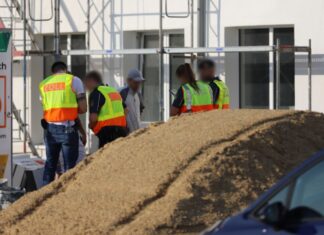 Zollbeamte kontrollieren Bauarbeiter.