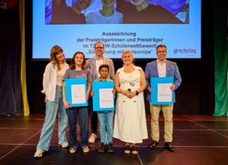 Sarah Jupe, Greta Kukic, Dominik Paul, Suyash Thalayasingam, Denise Ince und Stephan Haag auf der Bühne. Foto: Erik Hinz/Hinz Photography, Münster