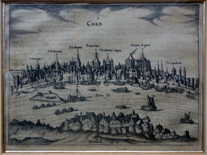Mit im Reisegepäck nach Köln ist ein rund 400 Jahre alter Kupferstich von Petrus Bertius, der sich in der Sammlung des Eggerscheidter Jugendtreffs befindet. Foto: Stadt Ratingen Mit im Reisegepäck nach Köln ist ein rund 400 Jahre alter Kupferstich von Petrus Bertius, der sich in der Sammlung des Eggerscheidter Jugendtreffs befindet. Foto: Stadt Ratingen